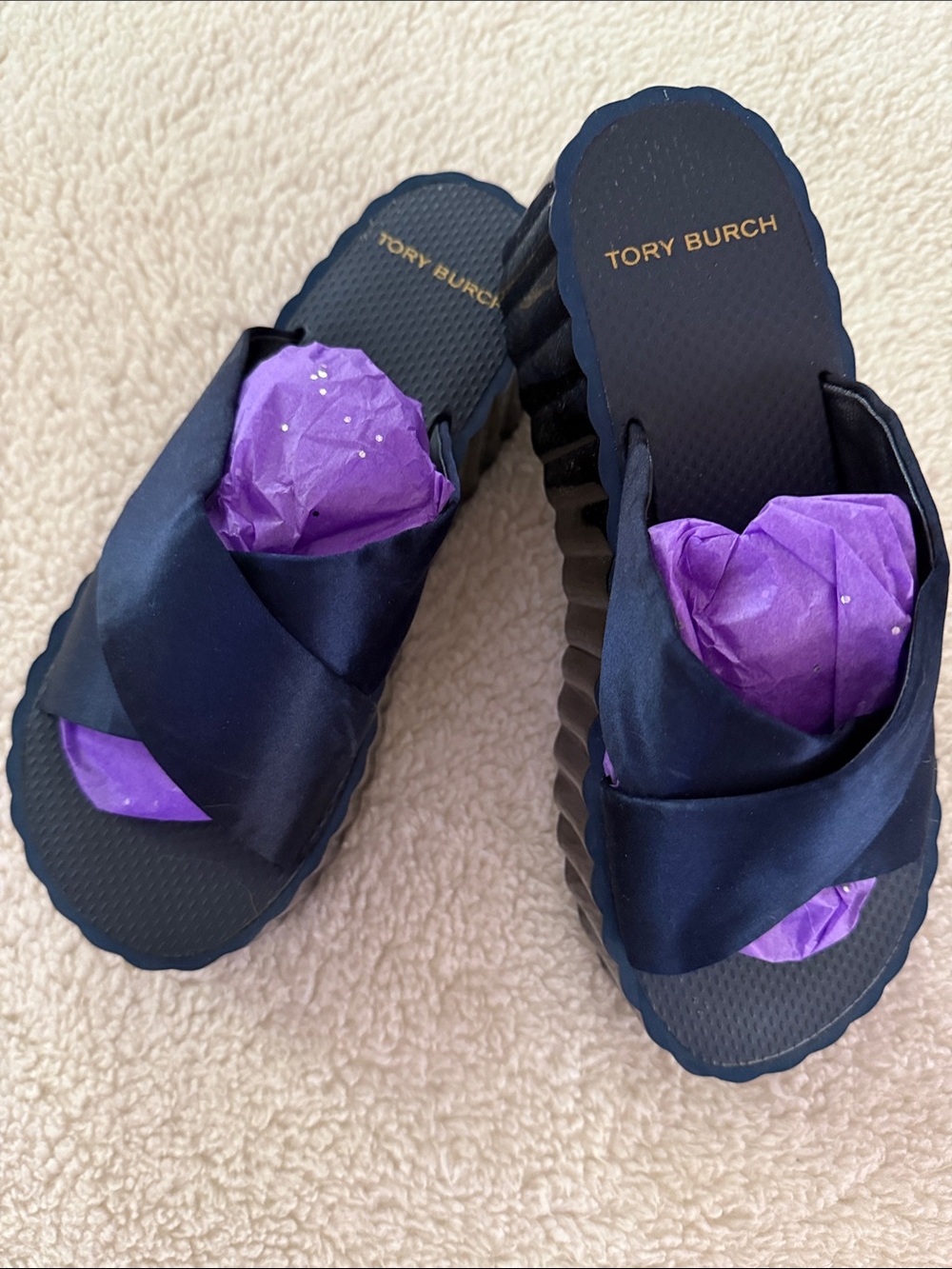 Tory Burch Navy Satin Crisscross Platform Slides